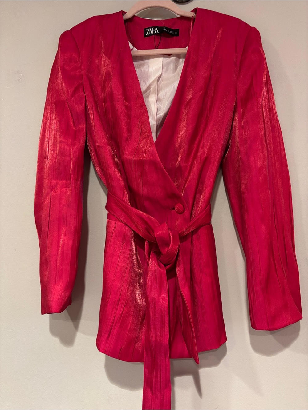 Zara Women's Hot Pink Satin Belted Blazer Jacket with shoulder pads